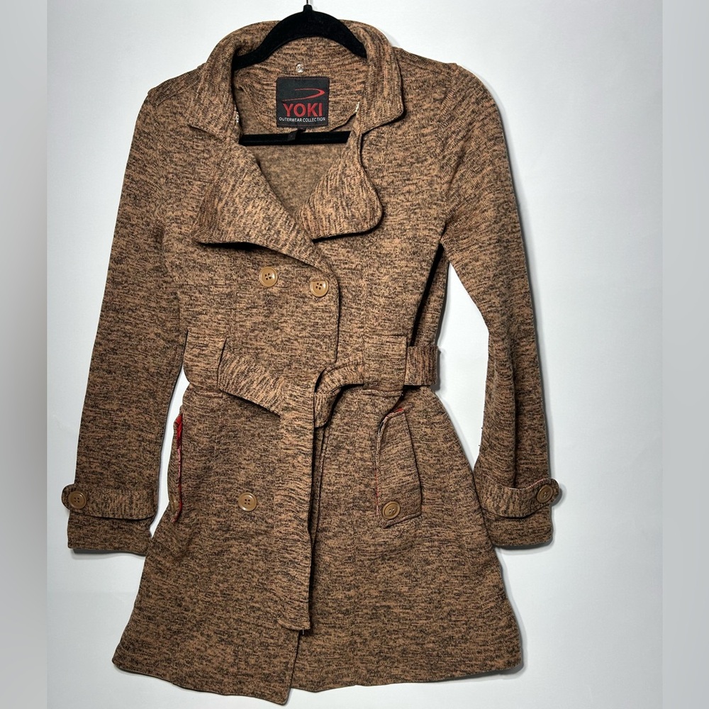 YOKI Women’s Outerwear Collection brown knit trench-style coat.